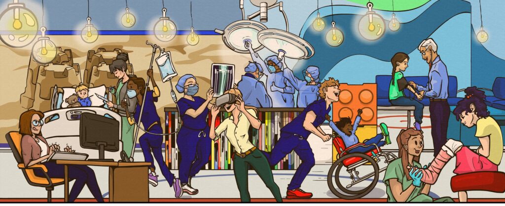 mural showcasing nuses in their different roles: bedside care, research, operating room, using virtual reality, x-rays, and casting.